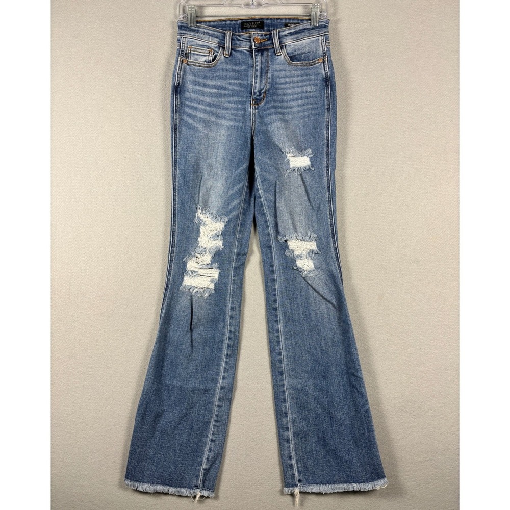 Judy Blue JB82542MD Boot Cut Distressed Frayed Hem Jeans 5/27 Blue Wash